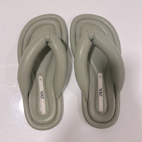 Zara Leather Pool Noodle Flip Flops Sage Green Sz 36 - Picture 5 of 8